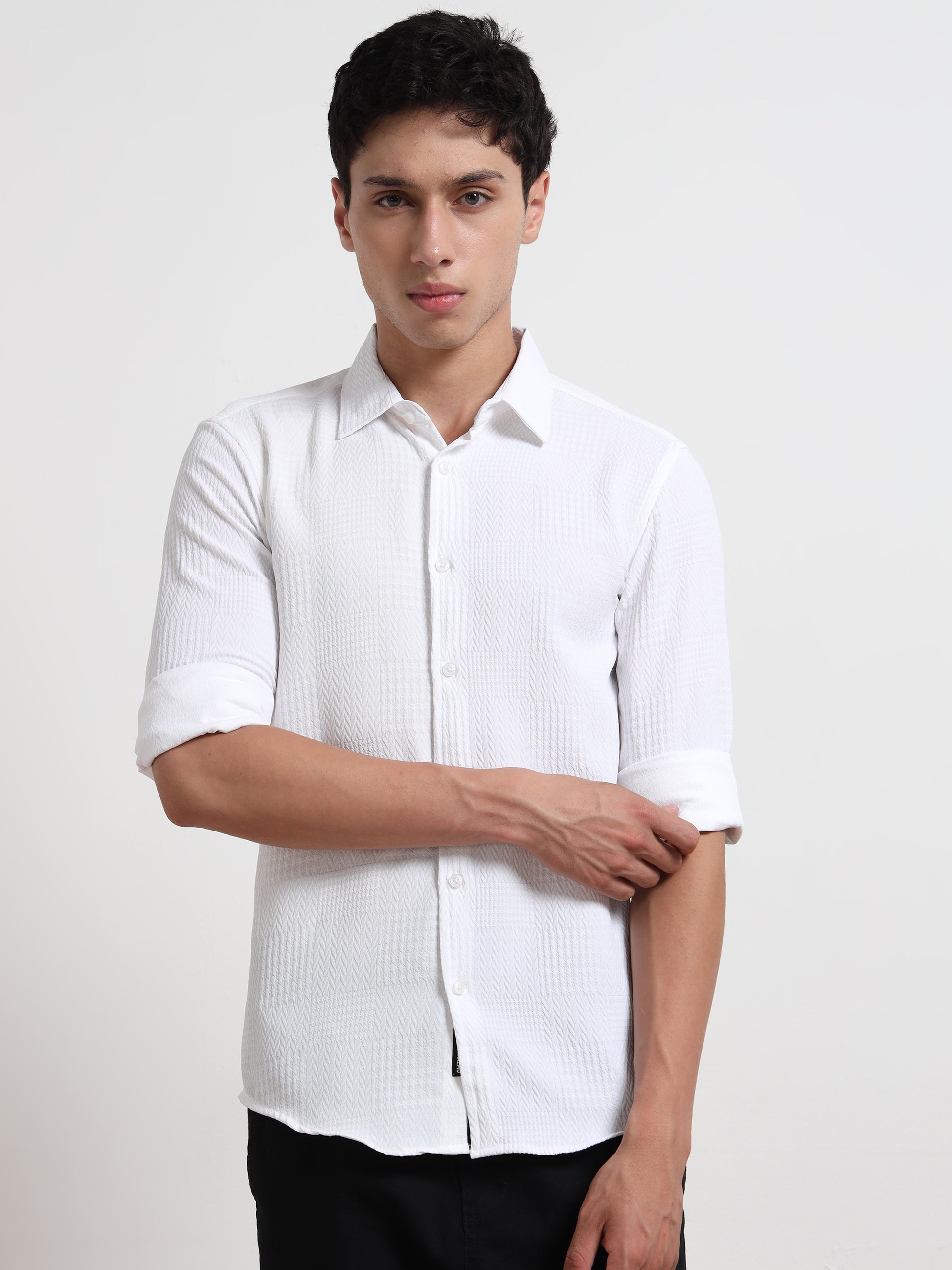 Full Sleeve White Textured Shirt Mens