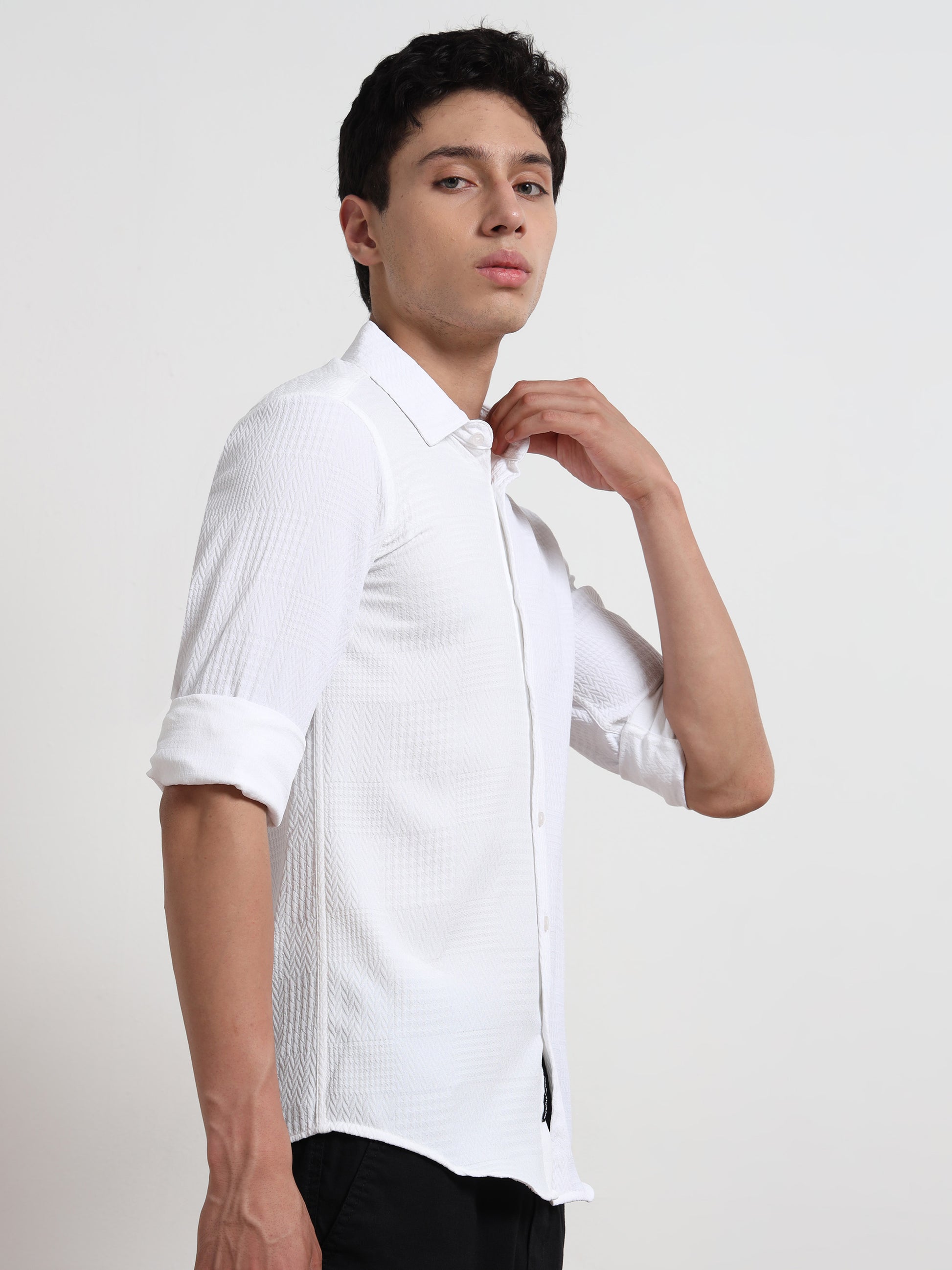 Full Sleeve White Textured Shirt Mens