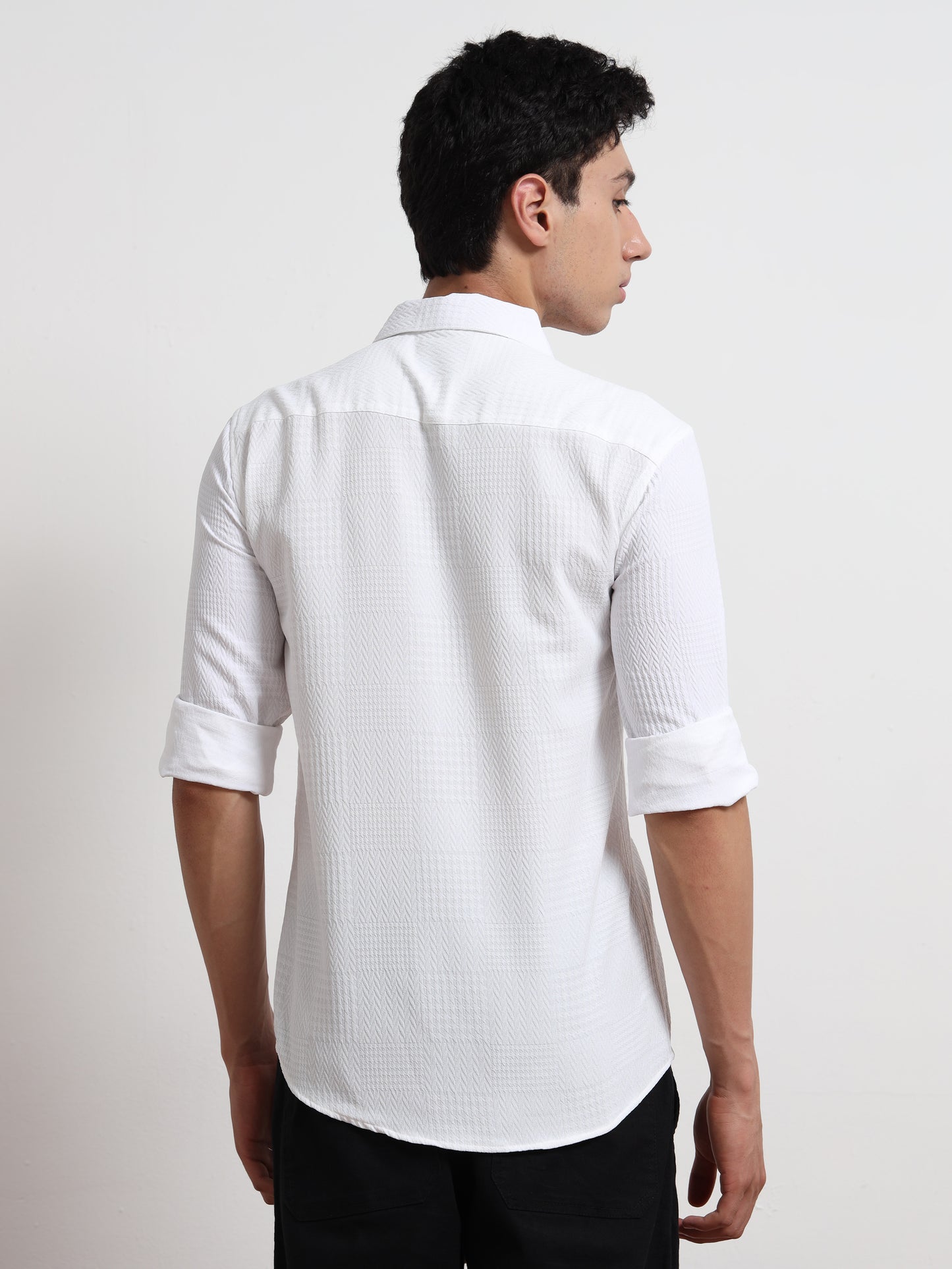 Full Sleeve White Textured Shirt Mens