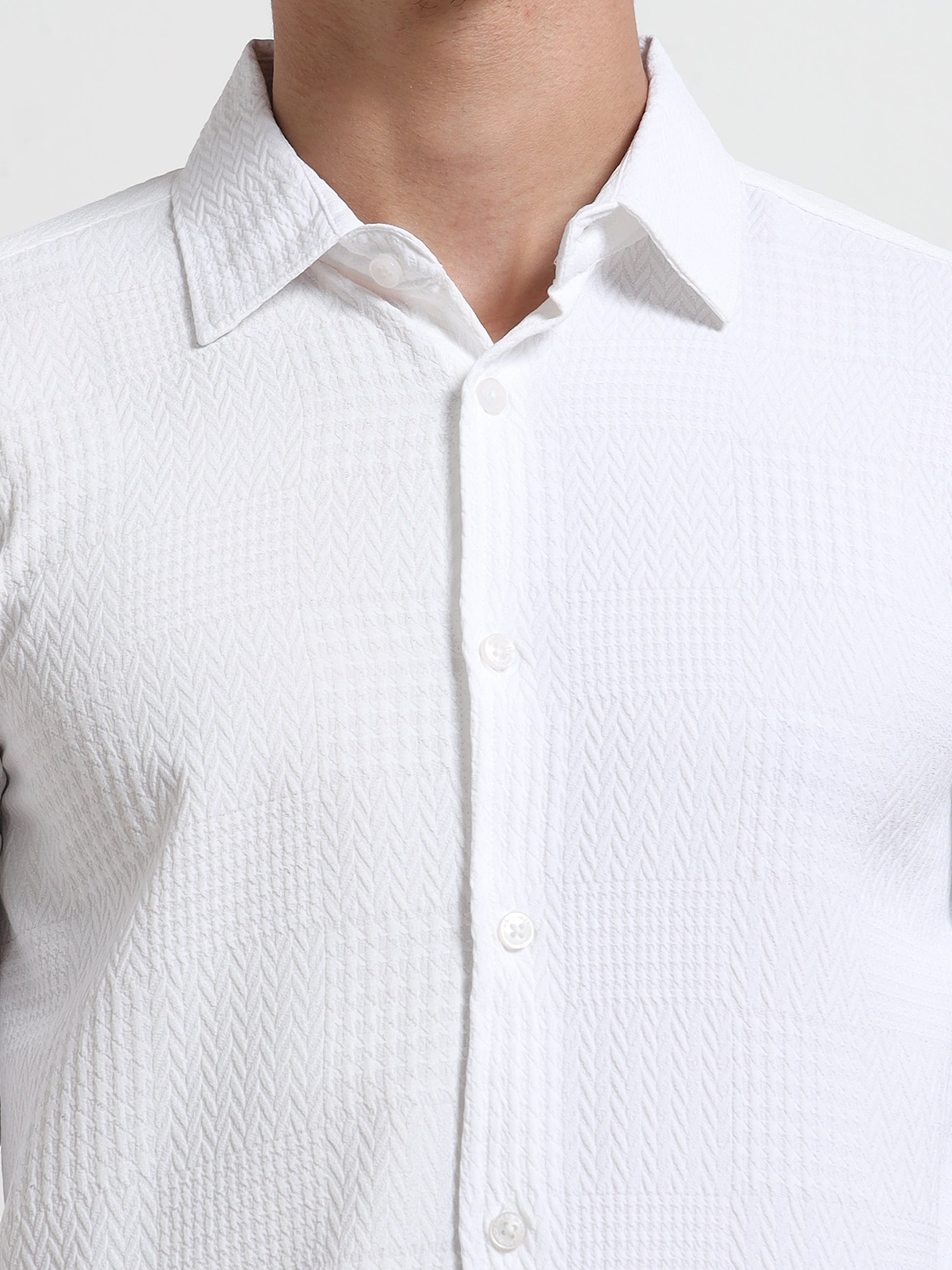 Full Sleeve White Textured Shirt Mens