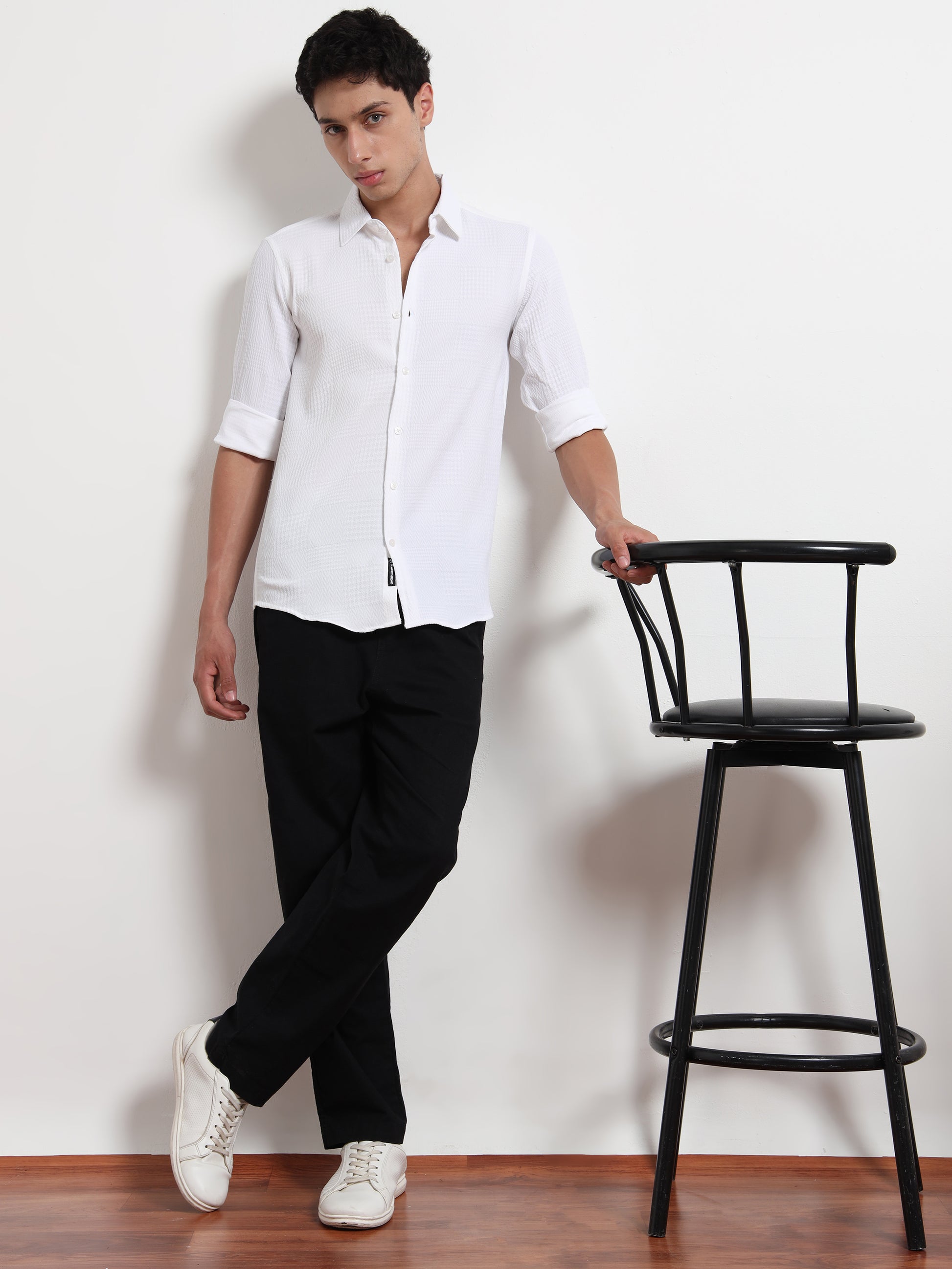 Full Sleeve White Textured Shirt Mens