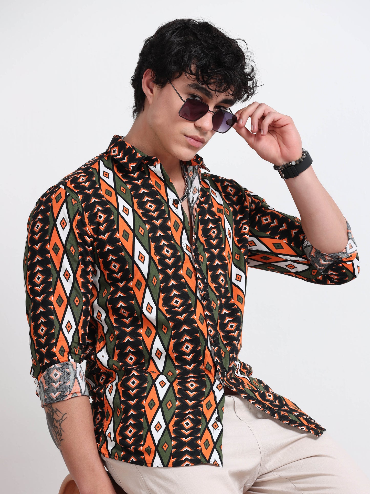 Men’s Olive &amp; Orange Tribal Printed Cotton Shirt