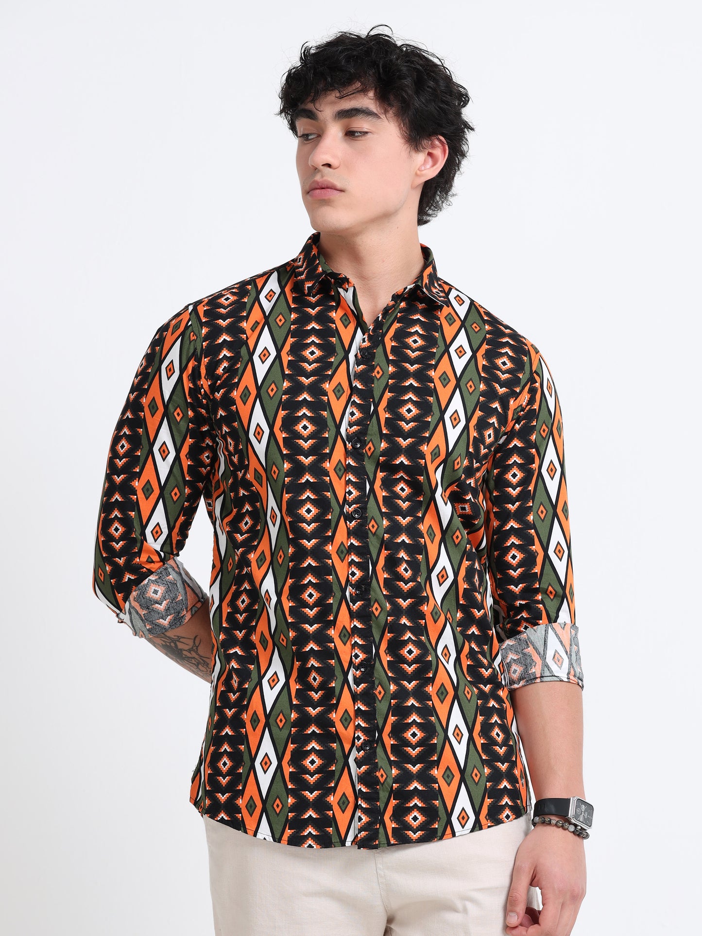 Men’s Olive &amp; Orange Tribal Printed Cotton Shirt