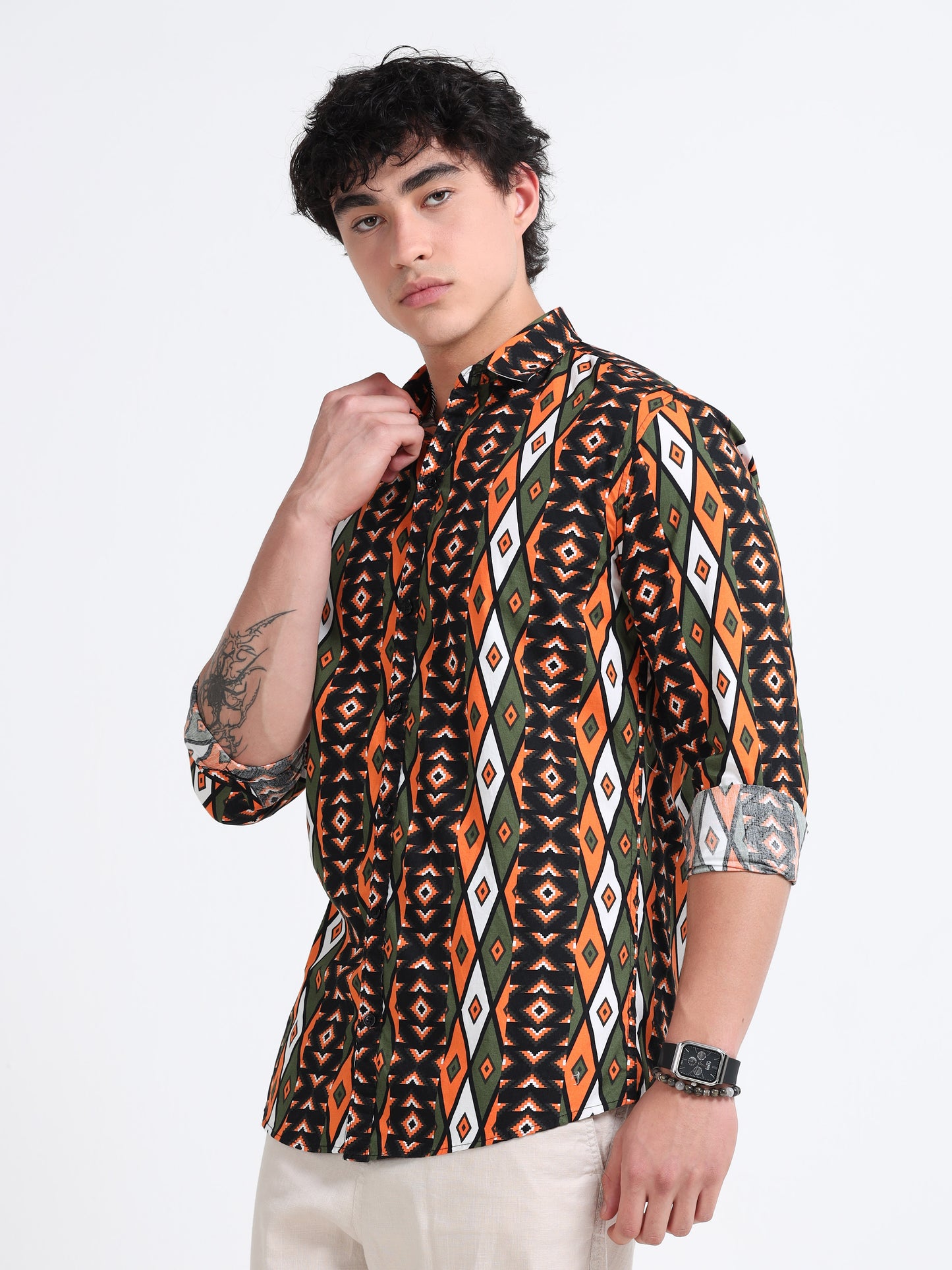 Men’s Olive &amp; Orange Tribal Printed Cotton Shirt