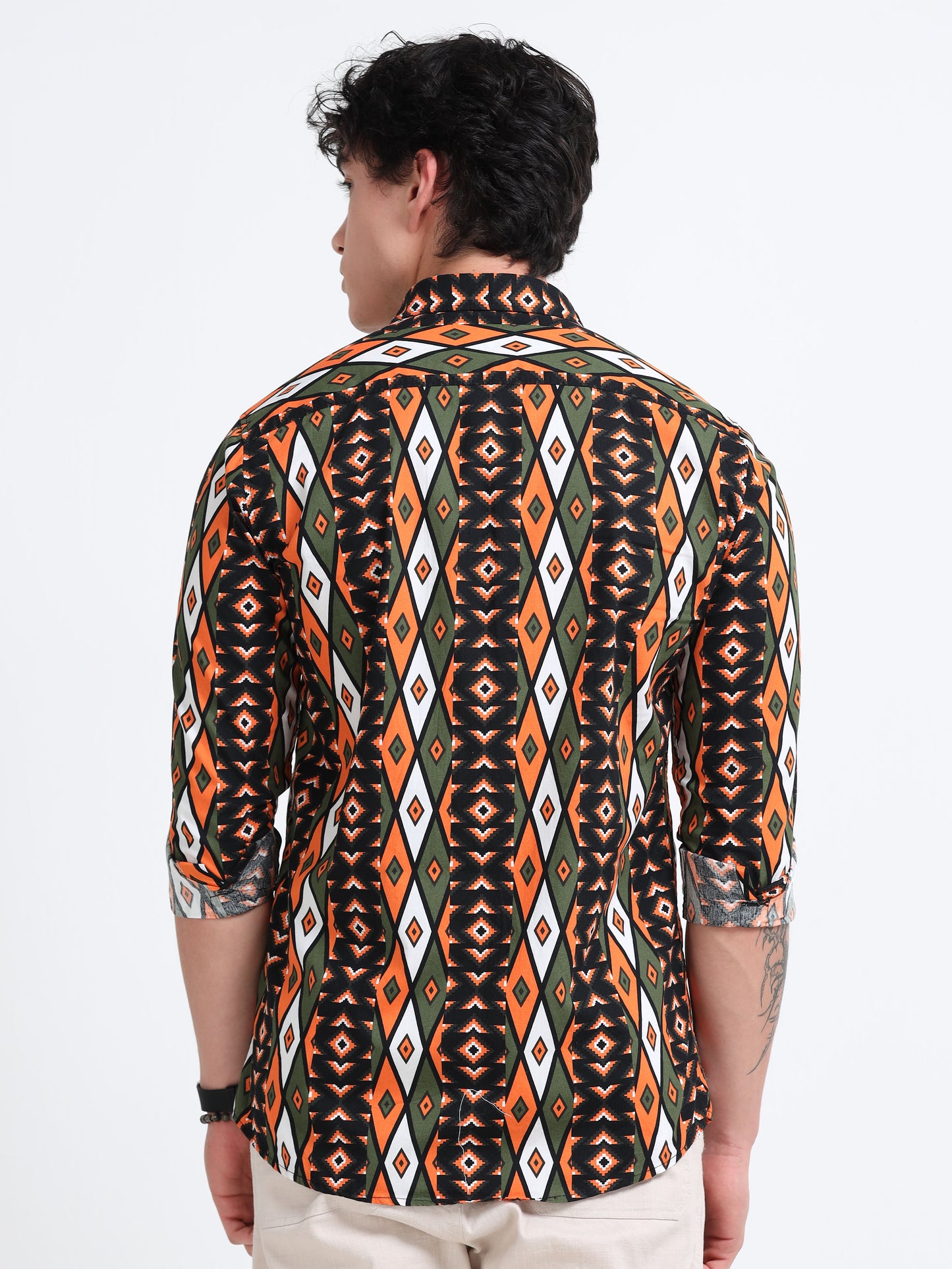Men’s Olive &amp; Orange Tribal Printed Cotton Shirt