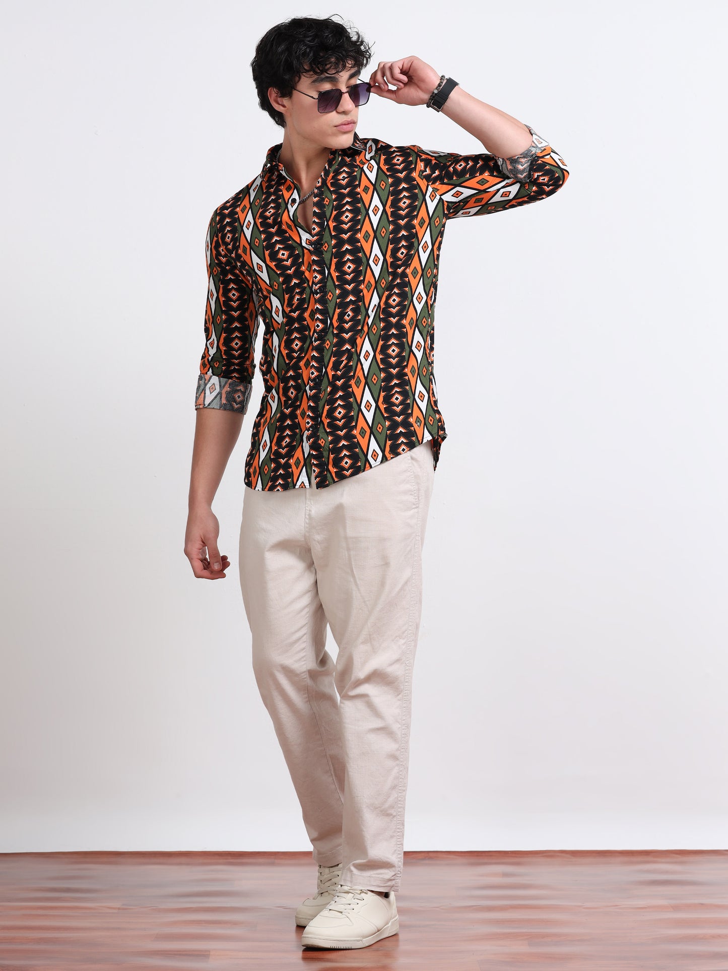 Men’s Olive &amp; Orange Tribal Printed Cotton Shirt