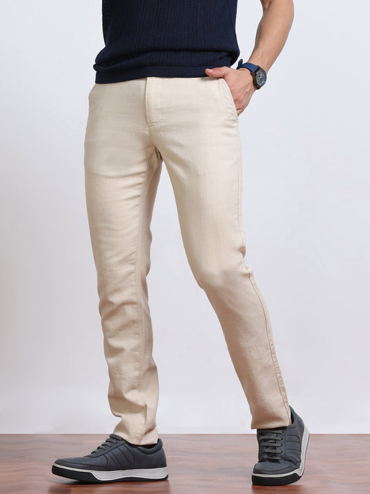 Men’s Linen Light Beige Slim-Fit Casual Trousers– Black Thread