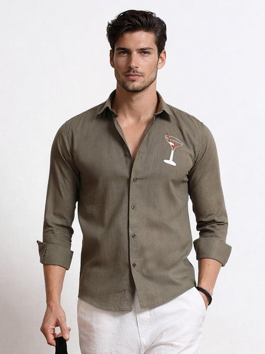 Men's Linen Olive Green Cocktail Glass Embroidery