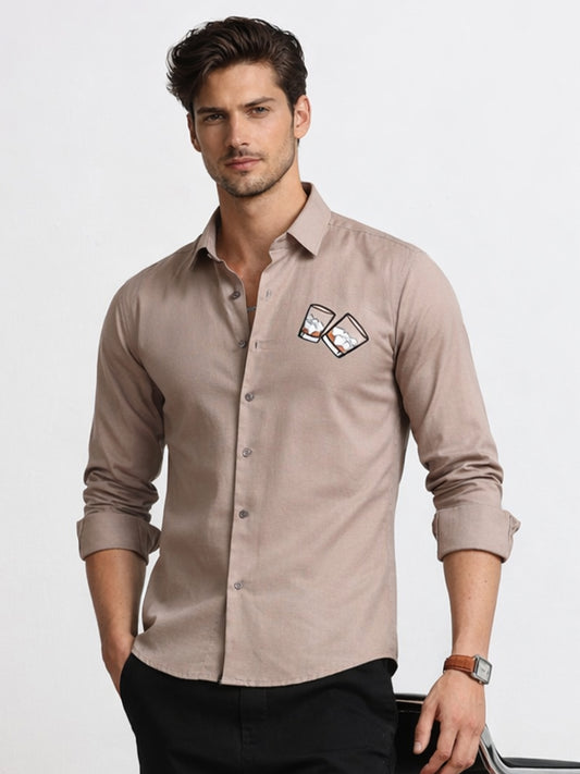 Men's Linen Beige Whiskey Glass Embroidery
