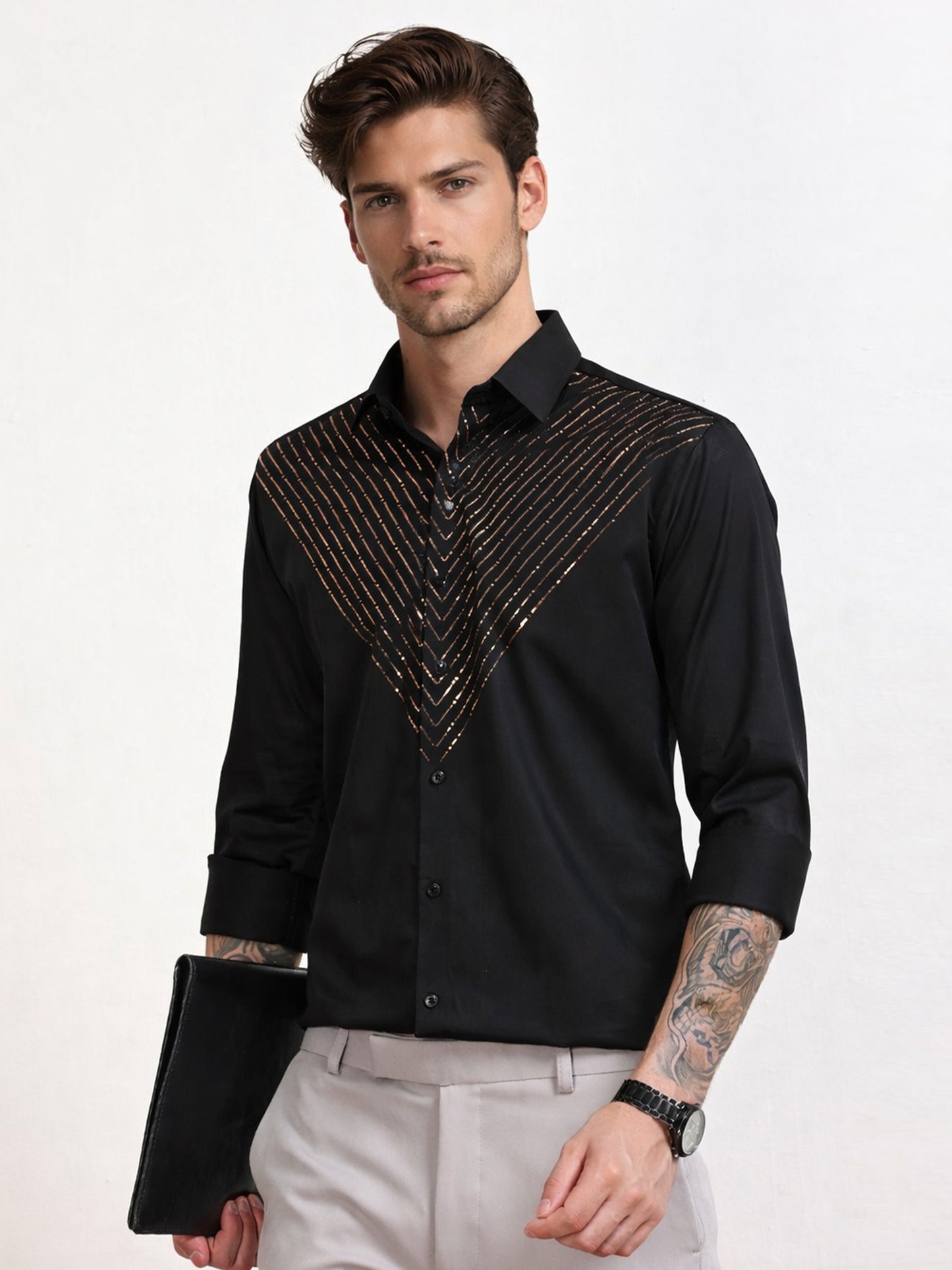 Men's Black Gold Stripe Stone Work