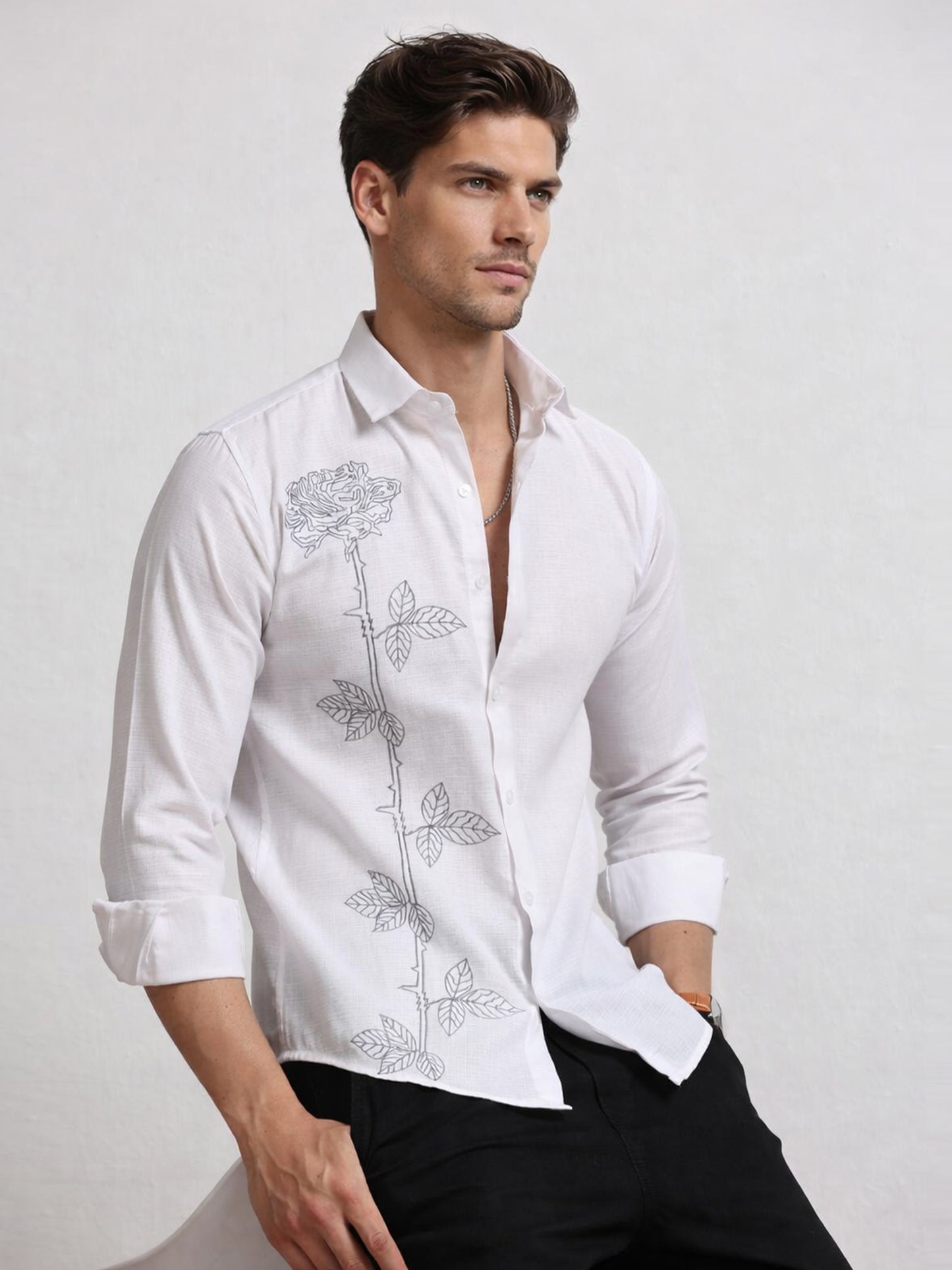 Men's Linen White Rose Stem Embroidery