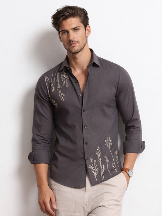 Men's Linen Charcoal Grey Botanical Embroidery