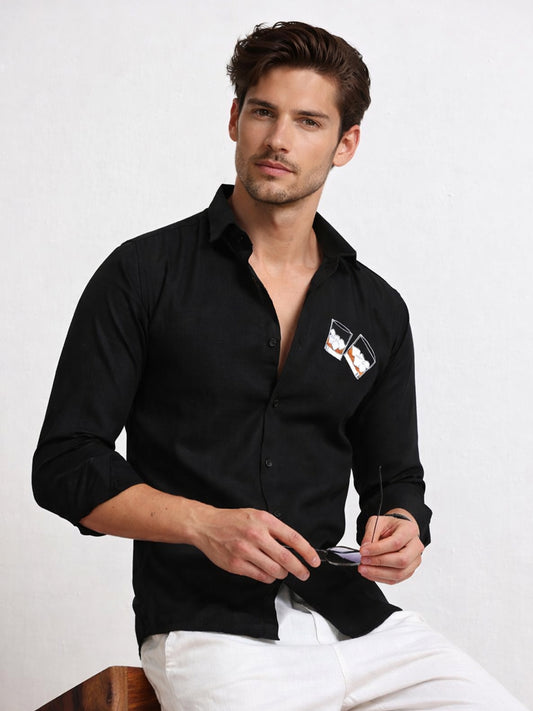 Men's Linen Black Whiskey Glass Embroidery