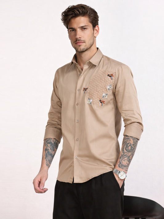 Men's Khaki Bee Embroidery