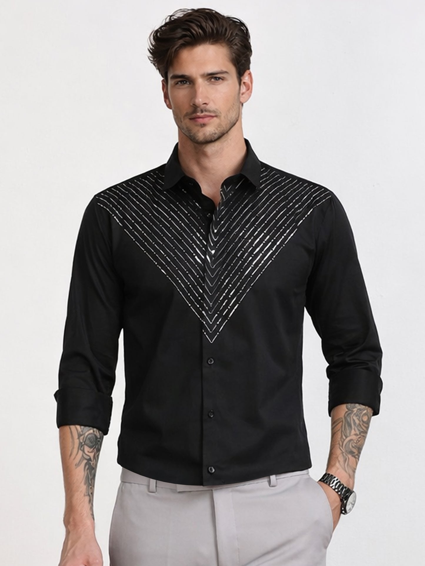 Men's Black Silver V-Stripe Stone Work