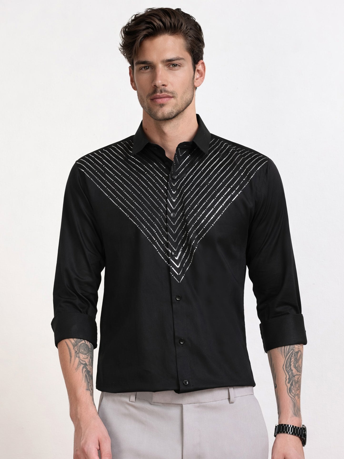 Men's Black Silver V-Stripe Stone Work