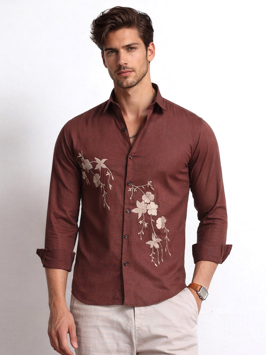 Men's Linen Maroon Floral Embroidery