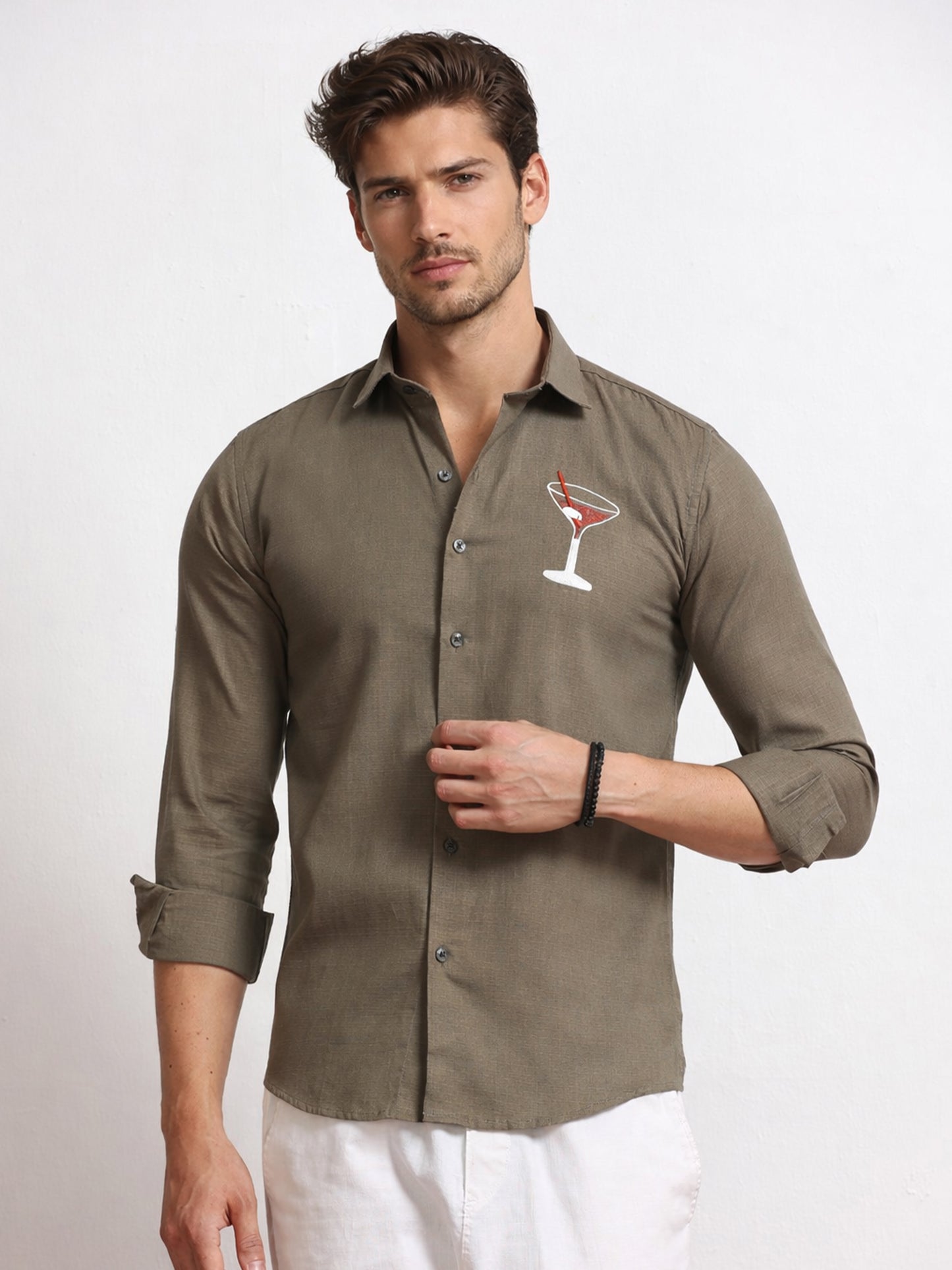 Men's Linen Olive Green Cocktail Glass Embroidery