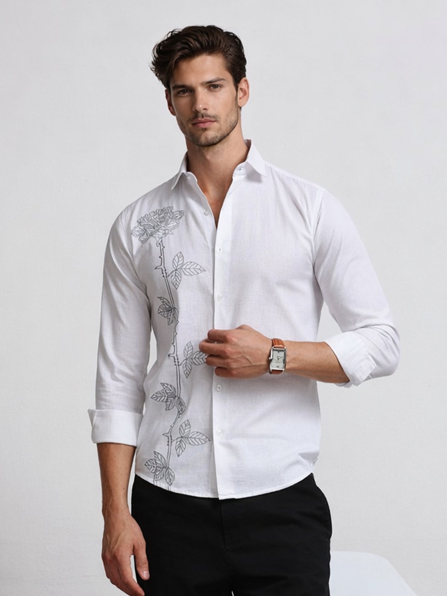 Men's Linen White Rose Stem Embroidery