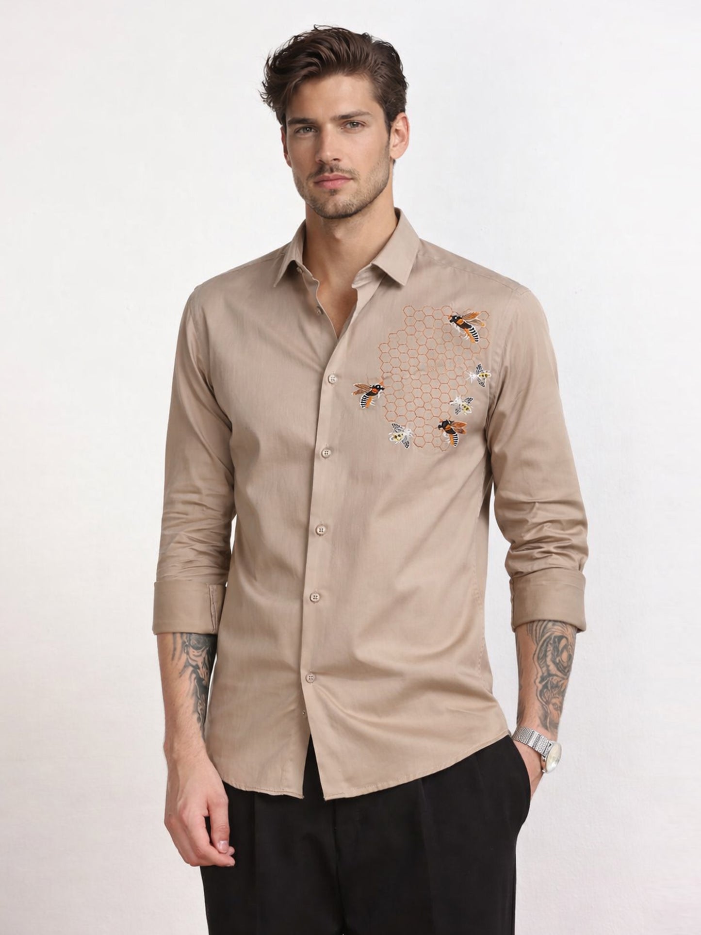 Men's Khaki Bee Embroidery