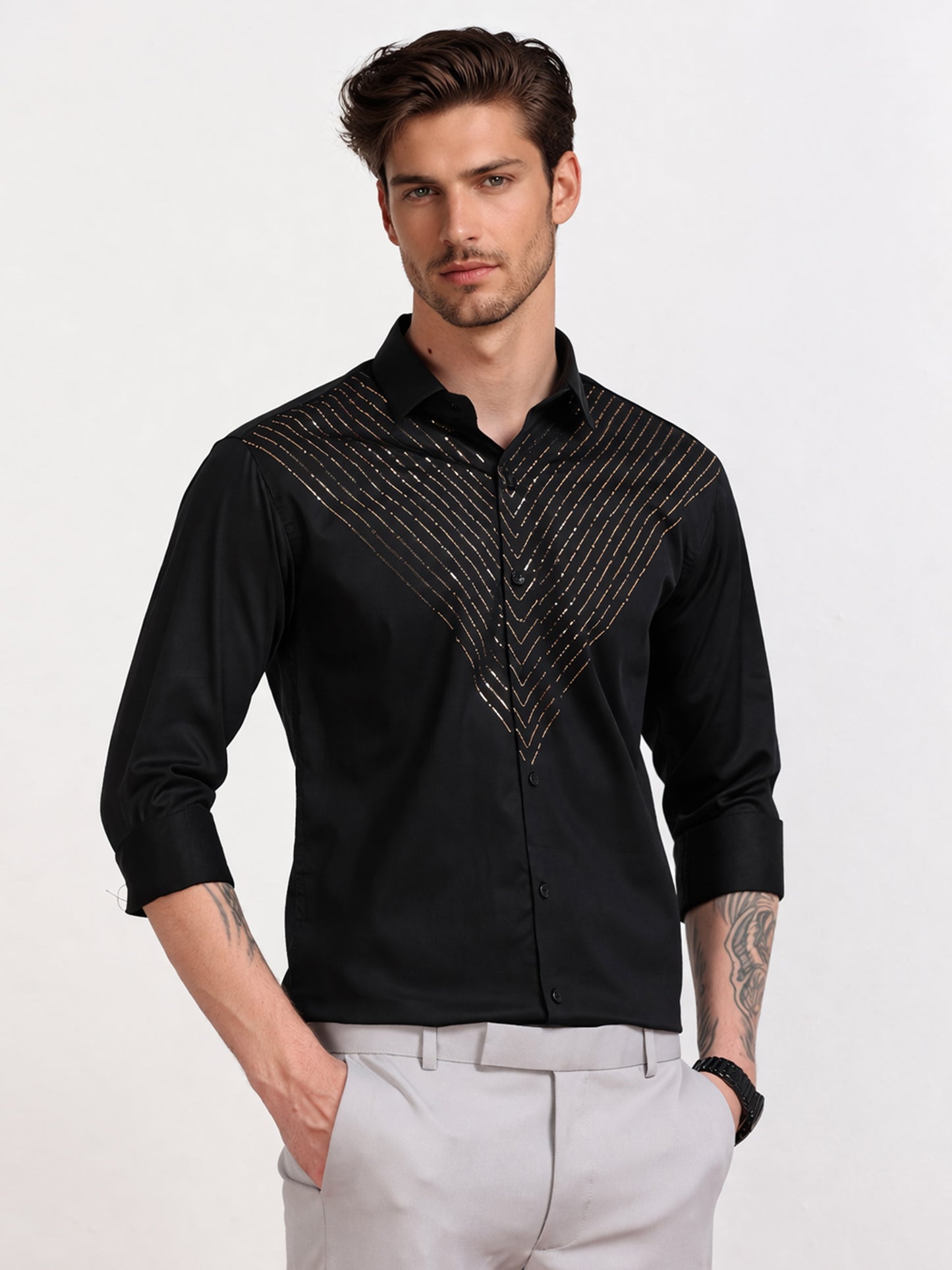 Men's Black Gold Stripe Stone Work