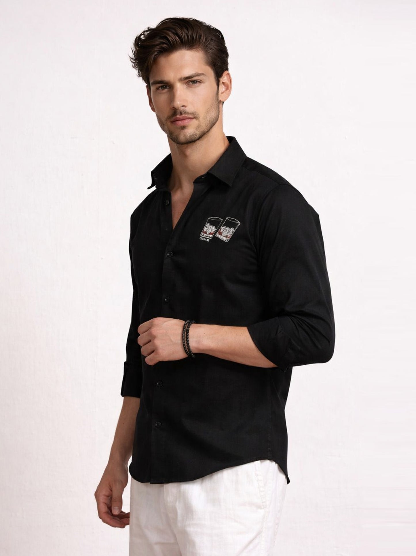 Men's Linen Black Whiskey Glass Embroidery