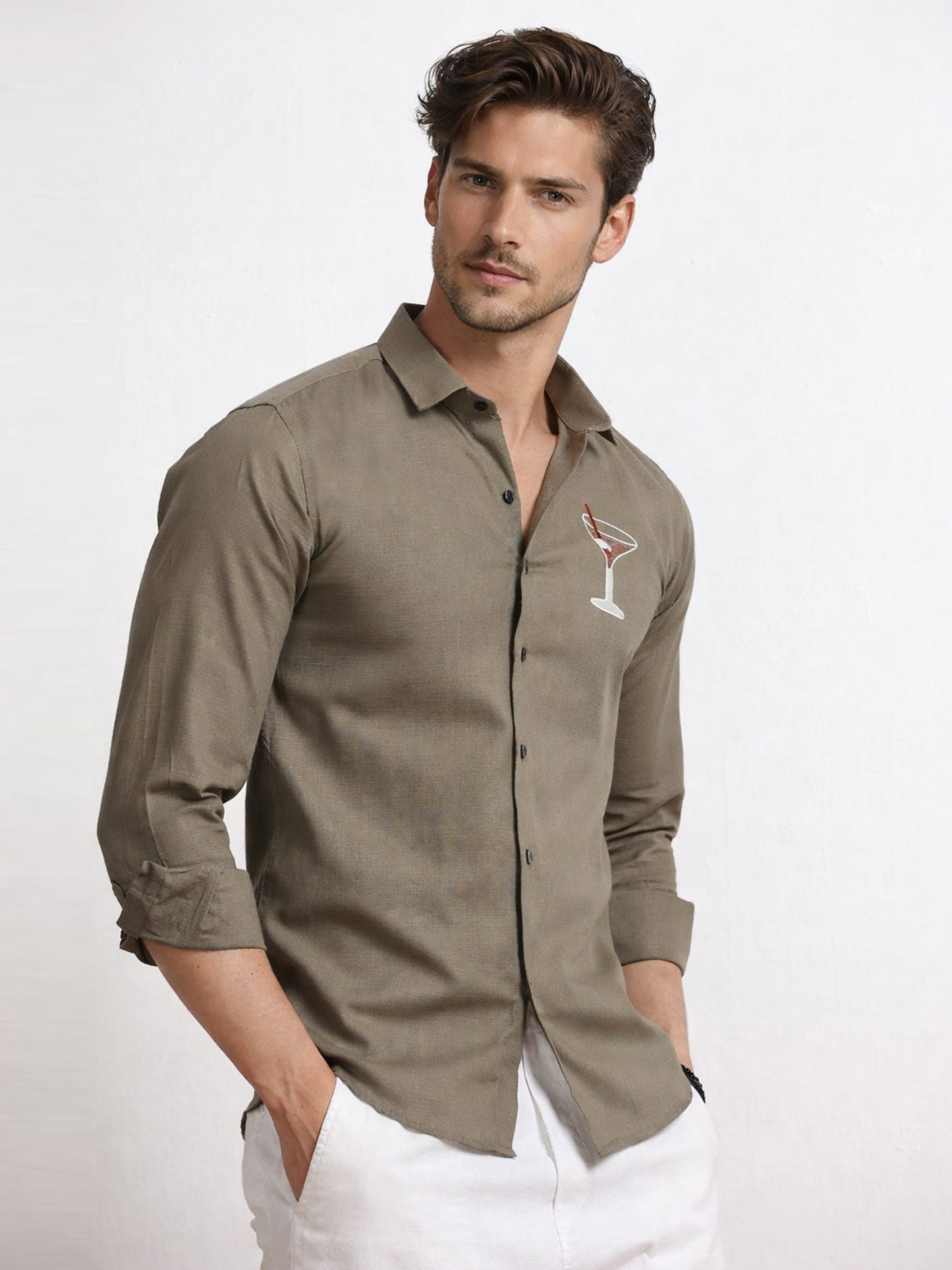 Men's Linen Olive Green Cocktail Glass Embroidery