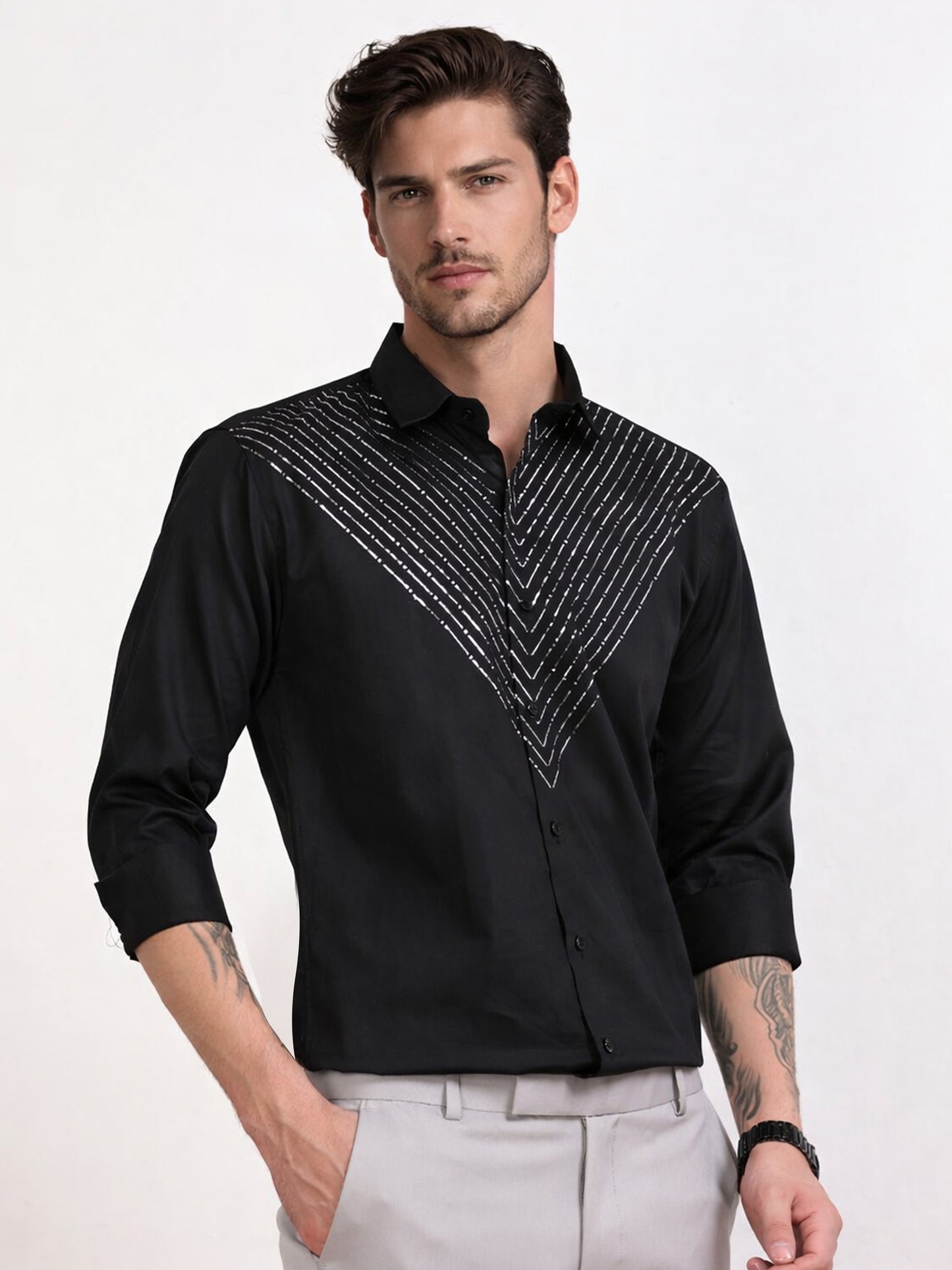 Men's Black Silver V-Stripe Stone Work