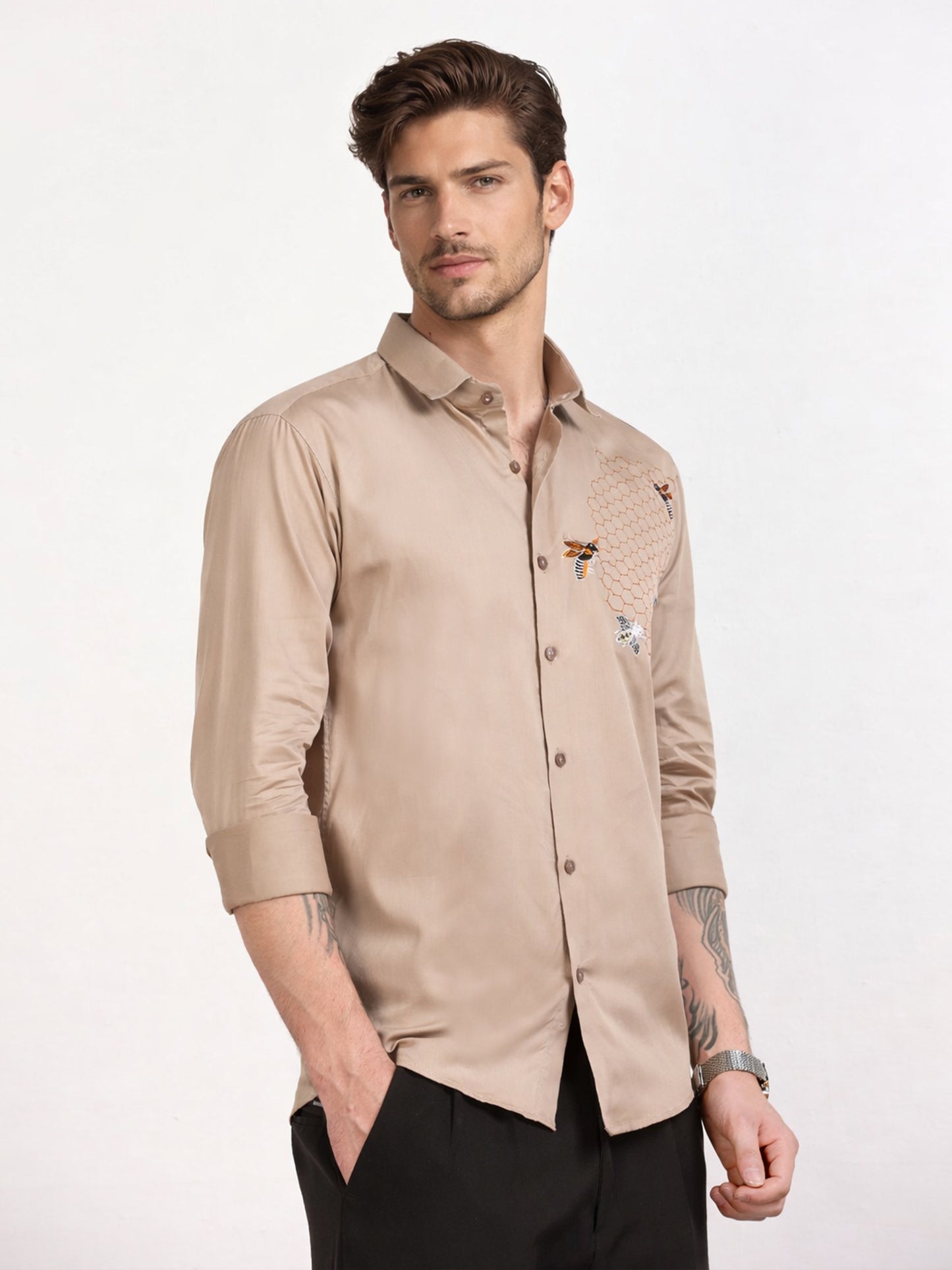 Men's Khaki Bee Embroidery