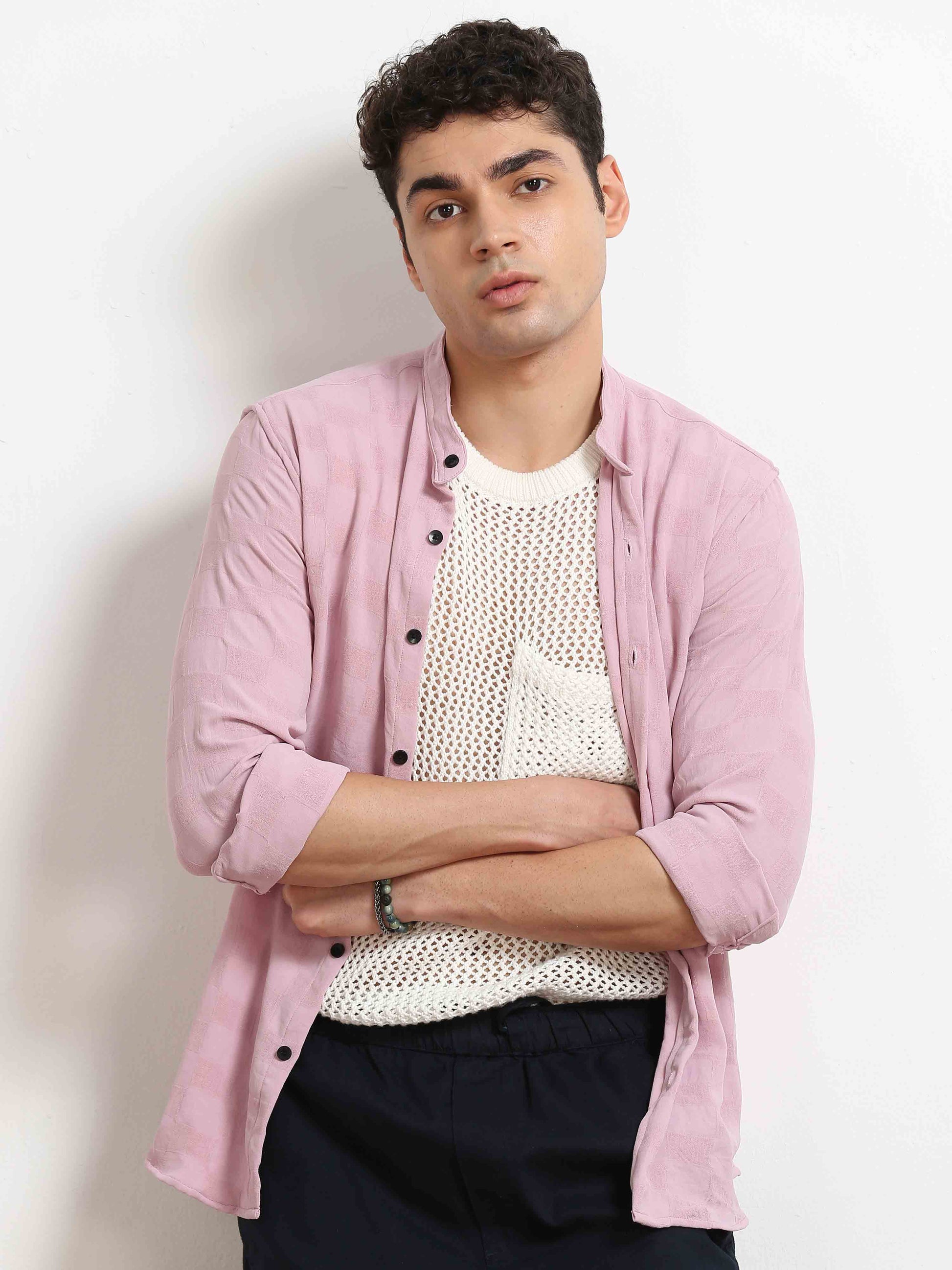 Pink Box Texture Solid Shirt For Men