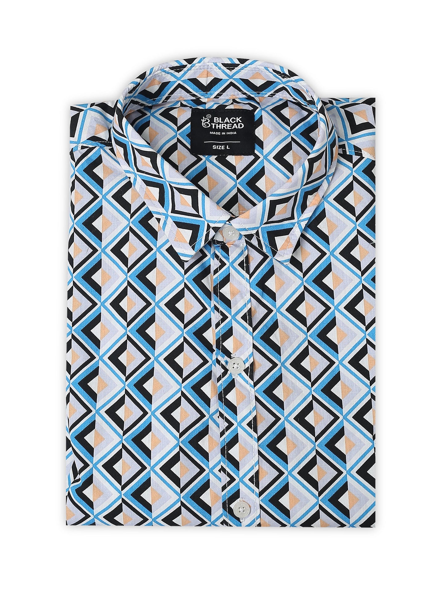 Men’s White & Blue Diamond Printed Cotton Shirt by Black Thread