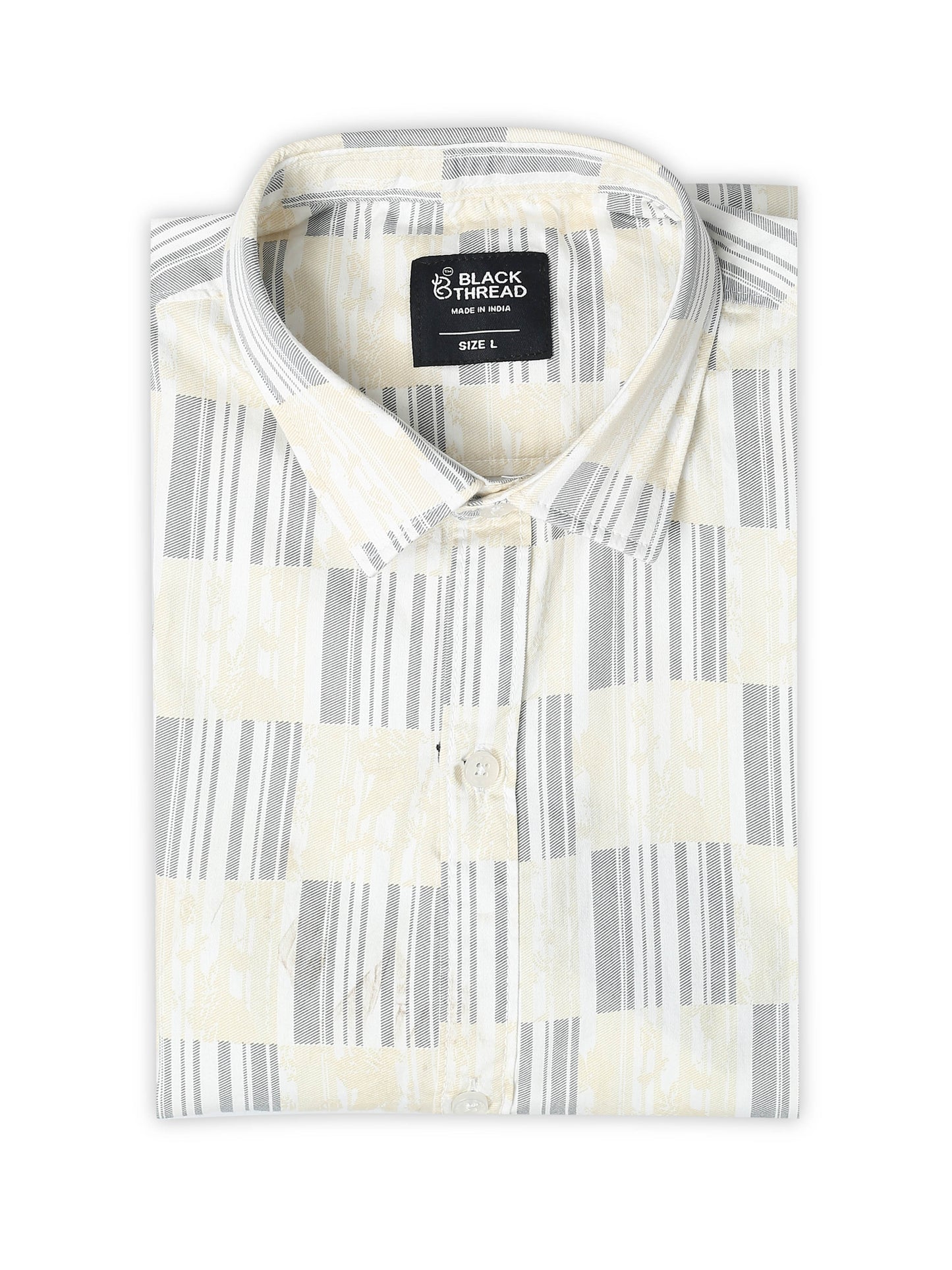 Men’s White & Grey Block Printed Cotton Shirt by Black Thread