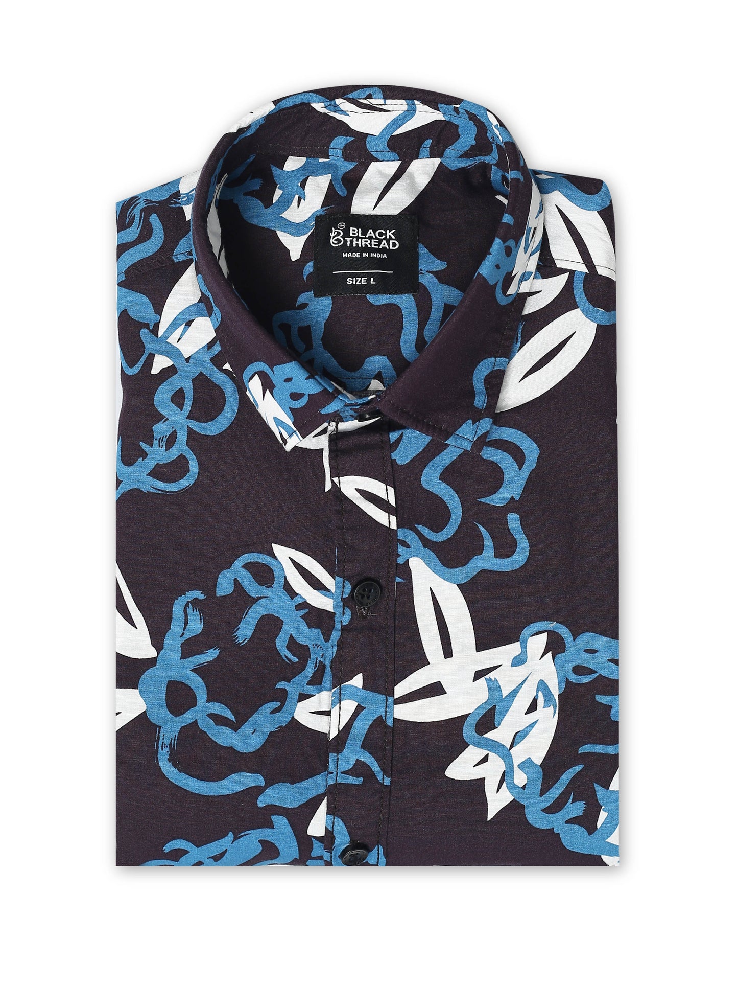 Men’s Navy & Sky Blue Tropical Leaf Printed Cotton Shirt by Black Thread