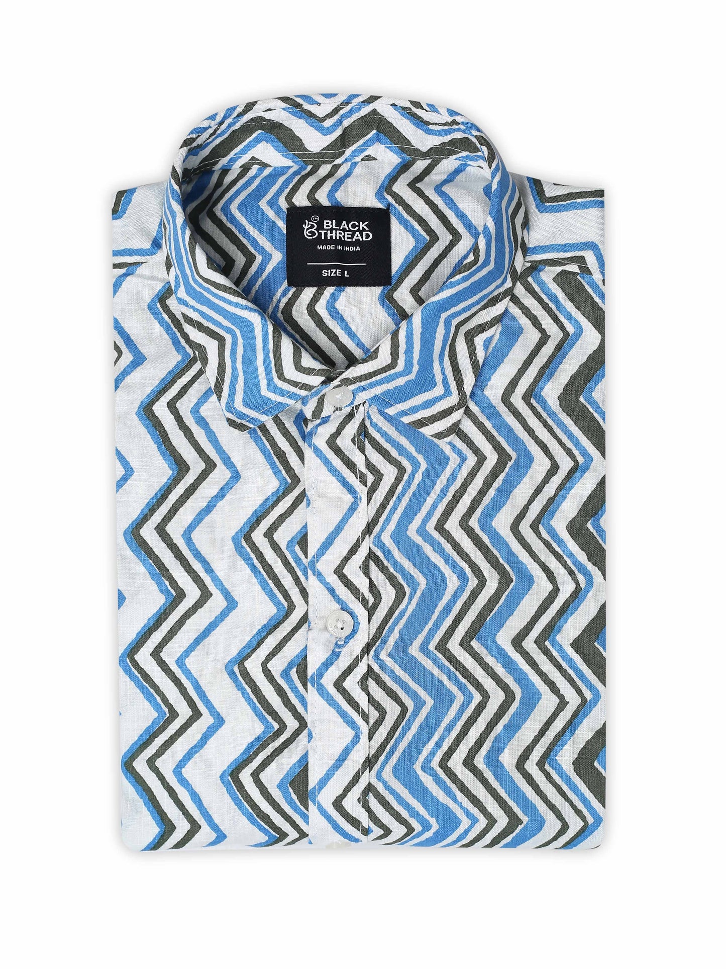 Men’s Blue Zig-Zag Pattern Cotton Shirt