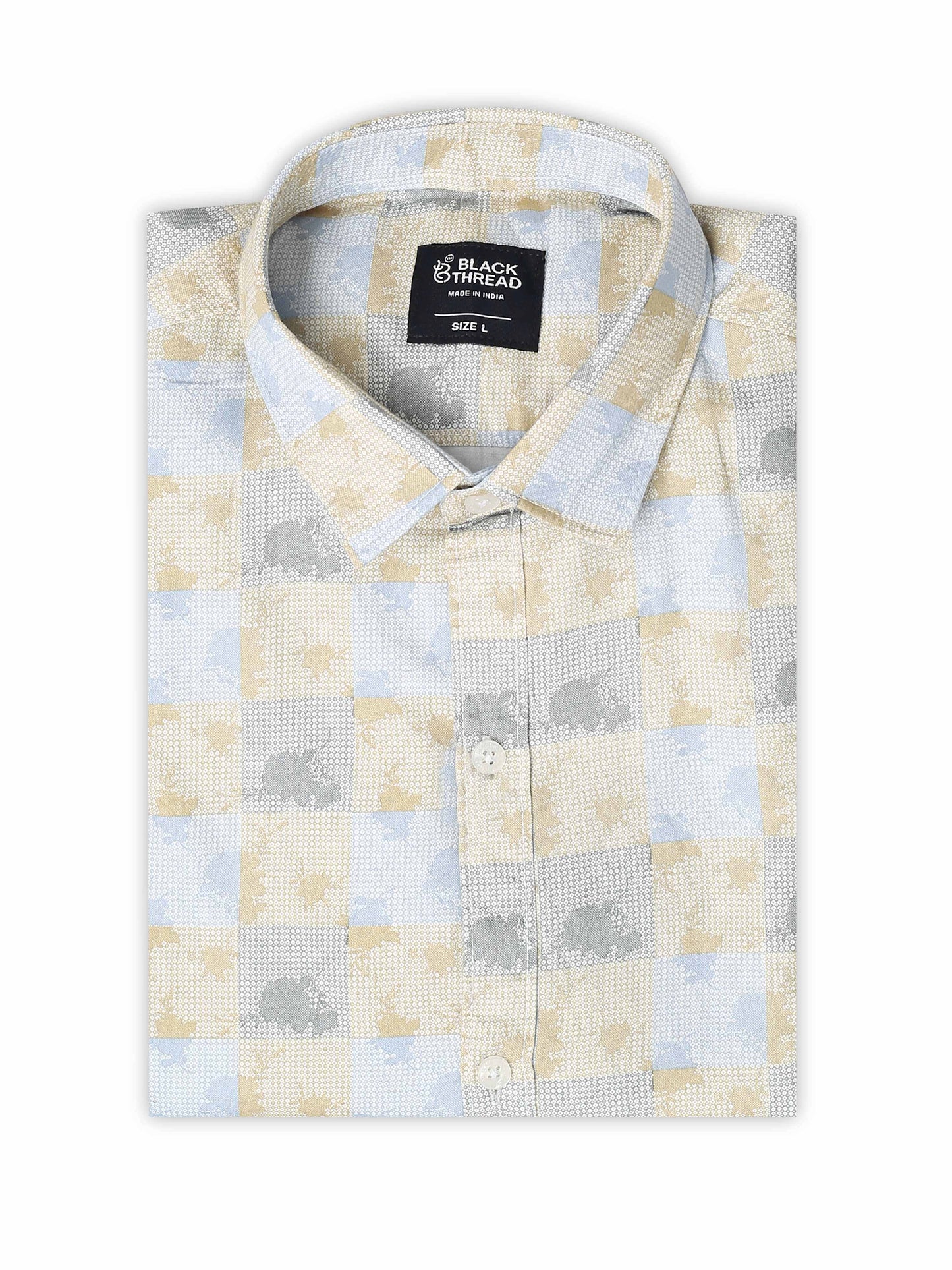 Men’s Beige &amp; Yellow Geometric Cotton Shirt