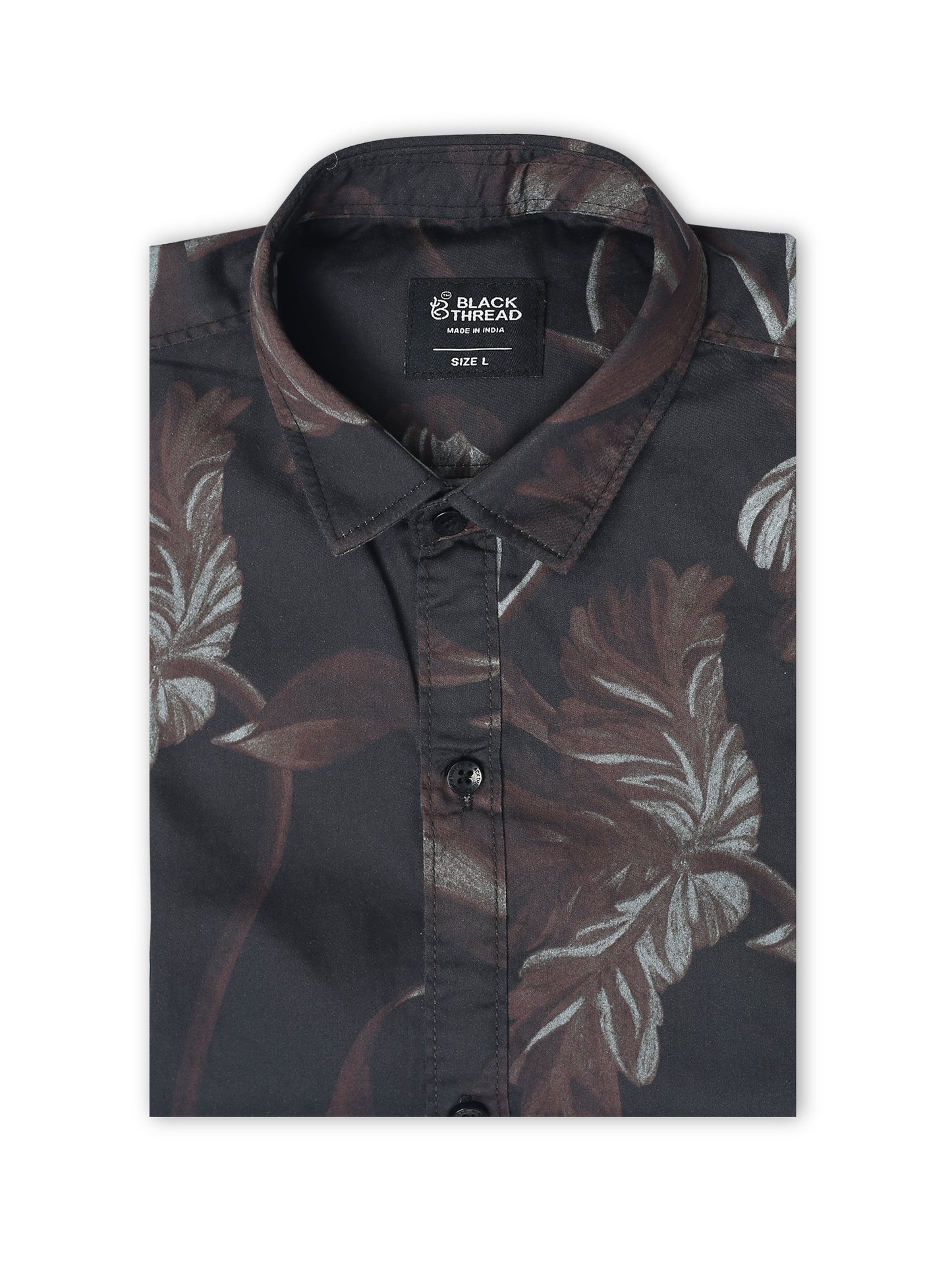 Men’s Black & Maroon Abstract Leaf Printed Cotton Shirt by Black Thread