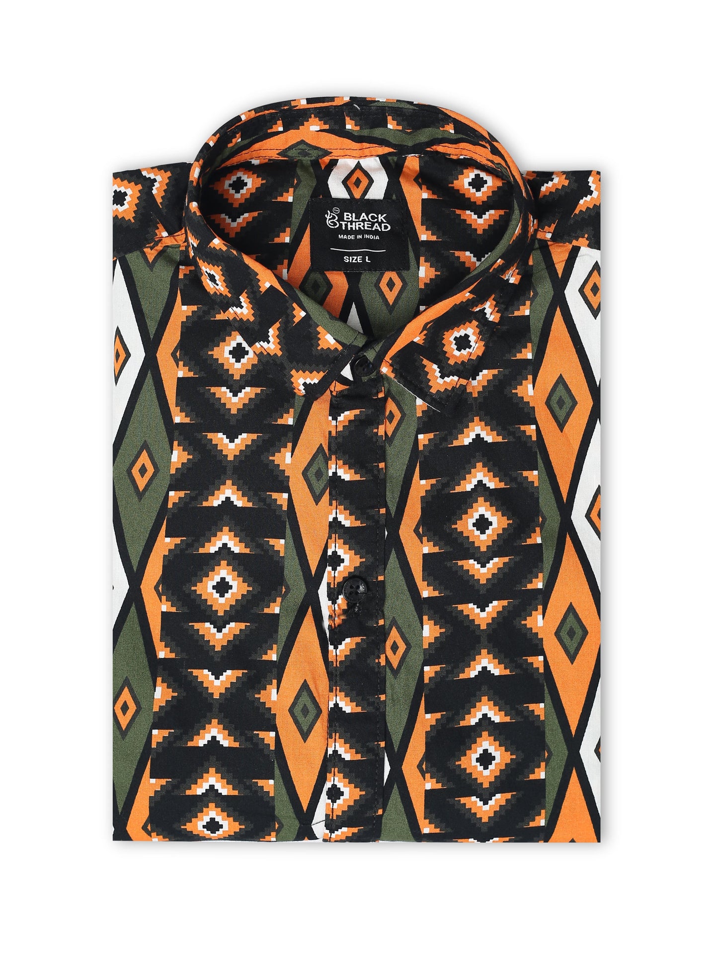 Men’s Olive &amp; Orange Tribal Printed Cotton Shirt
