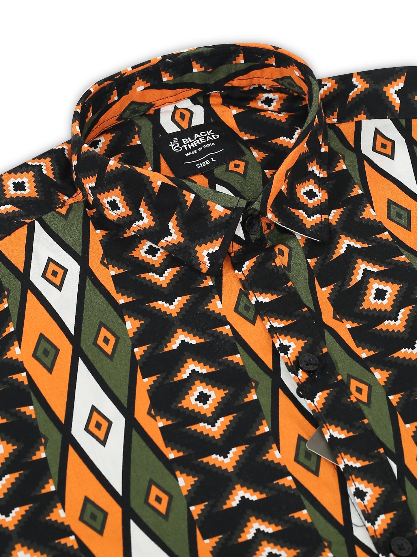 Men’s Olive &amp; Orange Tribal Printed Cotton Shirt