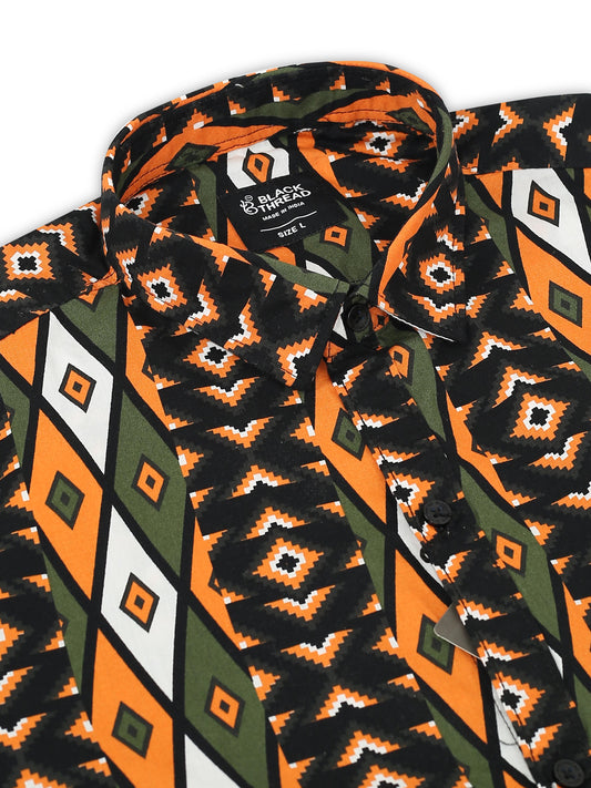 Men’s Olive &amp; Orange Tribal Printed Cotton Shirt