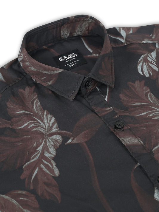 Men’s Black & Maroon Abstract Leaf Printed Cotton Shirt by Black Thread