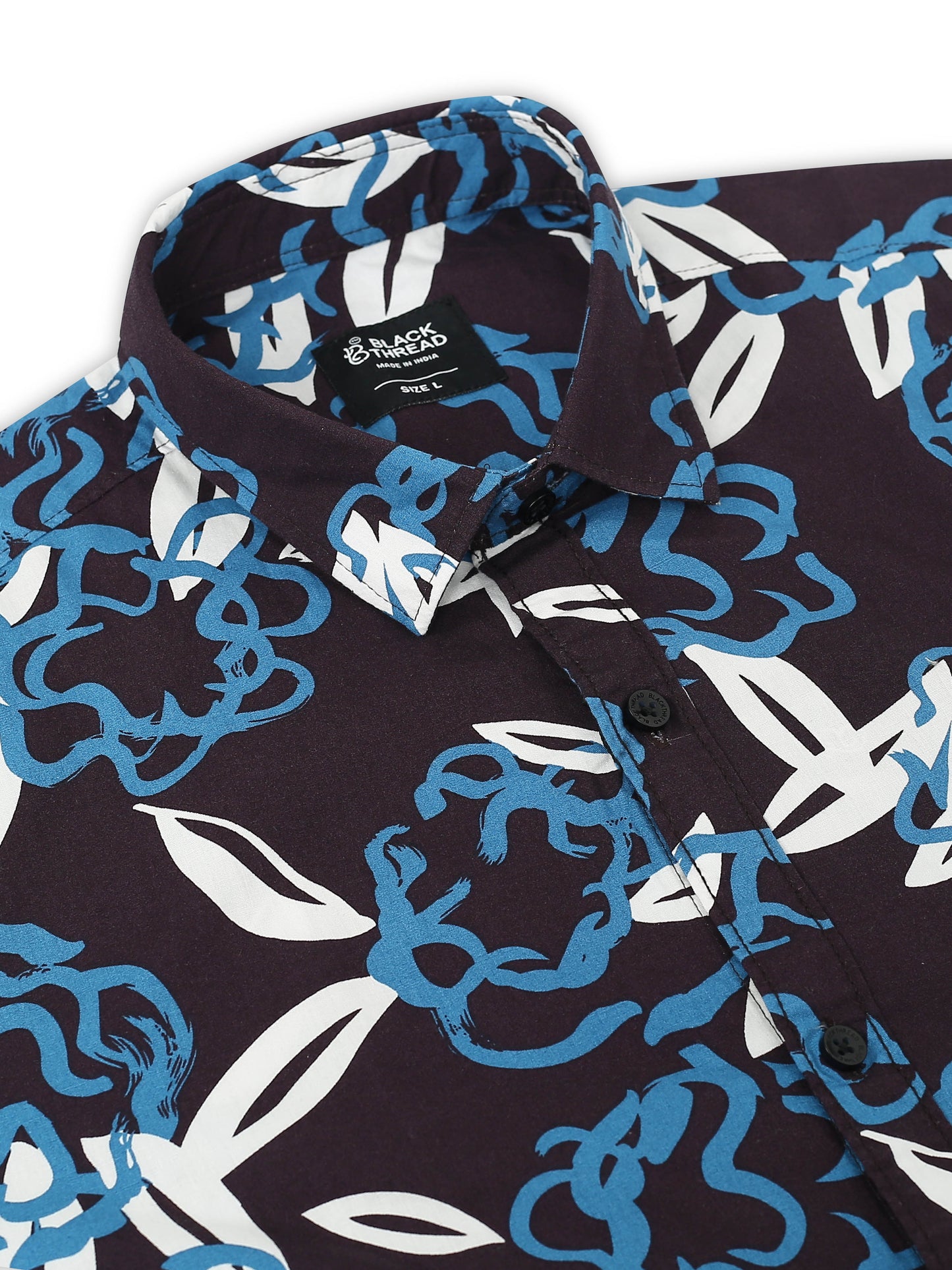 Men’s Navy & Sky Blue Tropical Leaf Printed Cotton Shirt by Black Thread