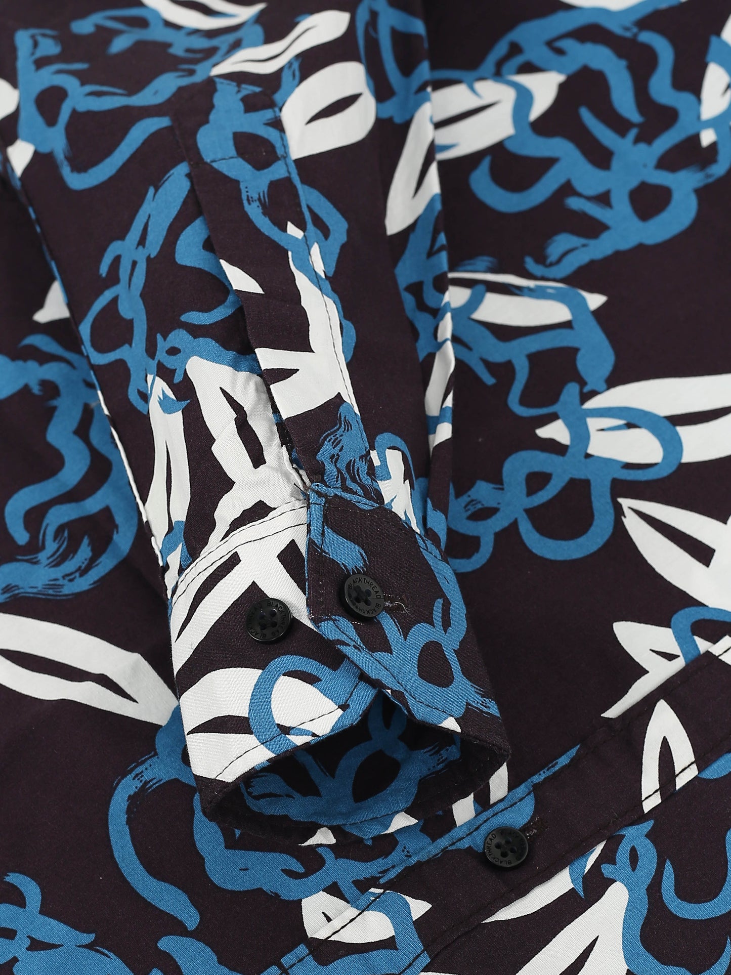 Men’s Navy & Sky Blue Tropical Leaf Printed Cotton Shirt by Black Thread