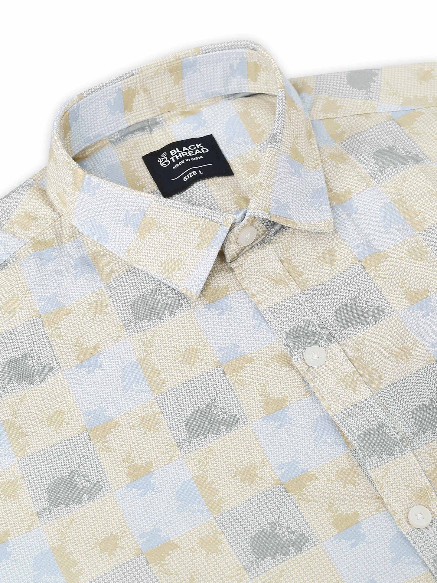 Men’s Beige &amp; Yellow Geometric Cotton Shirt
