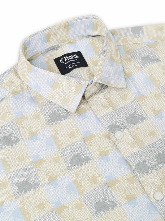 Men’s Beige &amp; Yellow Geometric Cotton Shirt