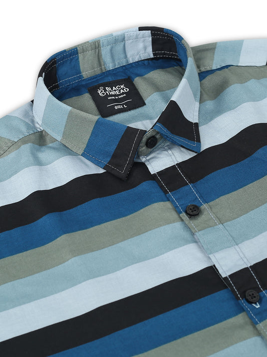 Men’s Blue Multi-Stripe Cotton Shirt by Black Thread