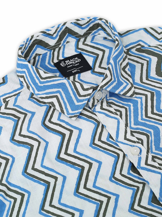 Men’s Blue Zig-Zag Pattern Cotton Shirt