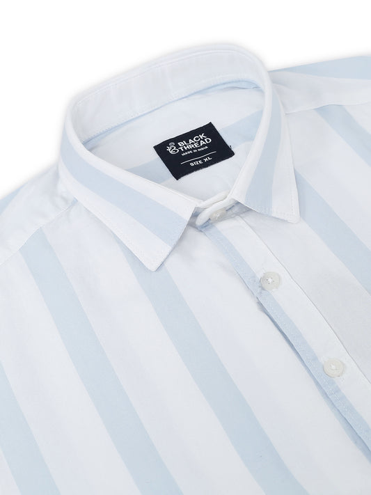 Men’s White &amp; Sky Blue Stripe Cotton Shirt