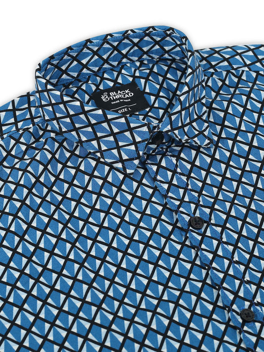 Men’s Blue Geometric Printed Cotton Shirt by Black Thread