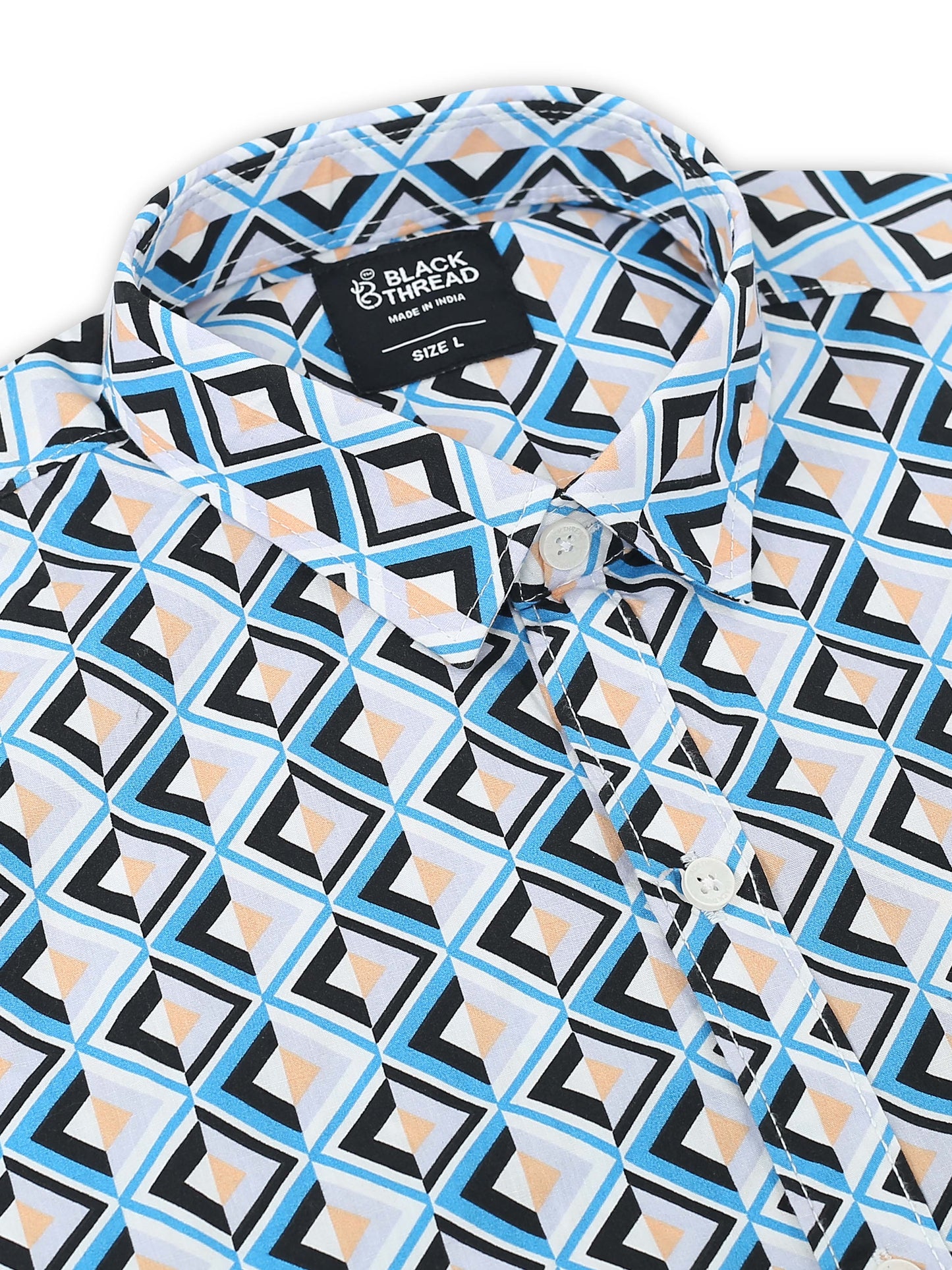 Men’s White & Blue Diamond Printed Cotton Shirt by Black Thread
