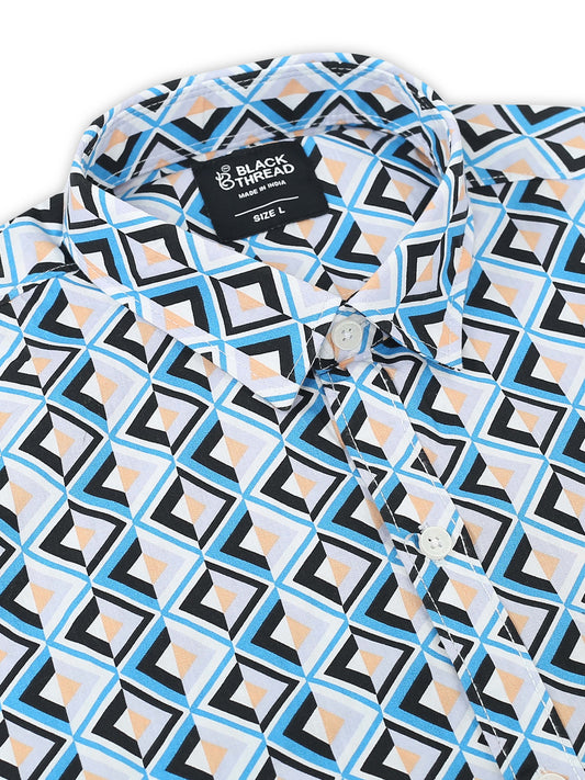 Men’s White & Blue Diamond Printed Cotton Shirt by Black Thread